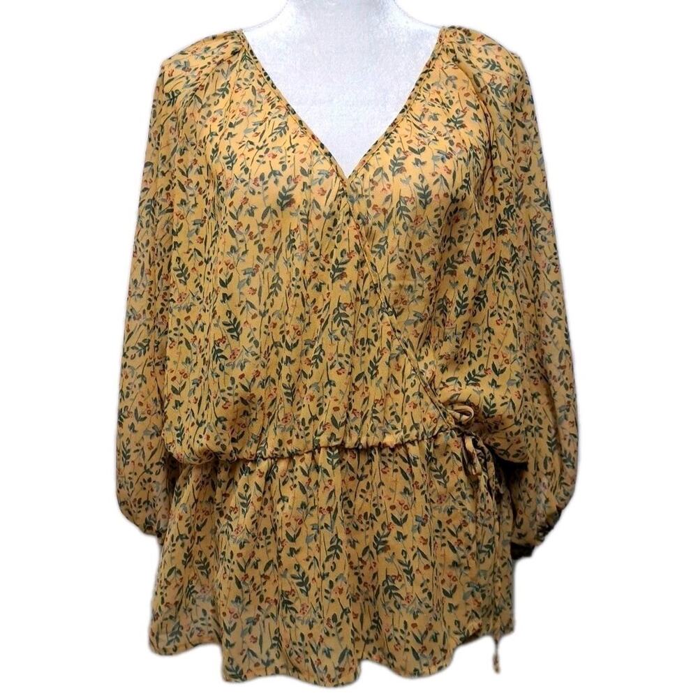 Ophelia Roe Tunic Wrap Blouse Top Womens 1X Mustard Yellow Floral Print Chiffon